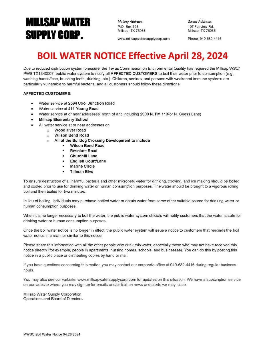 Boil Water Notice Effective April 28, 2024